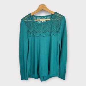 Lucky Brand Womens size Medium Green Waffle Knit Crochet Long Sleeve Top